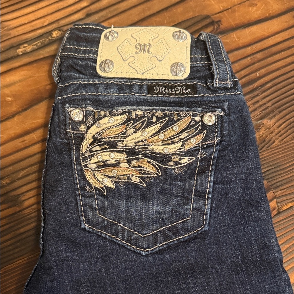 Miss Me Dark Blue Jeans with Gold Embroidery